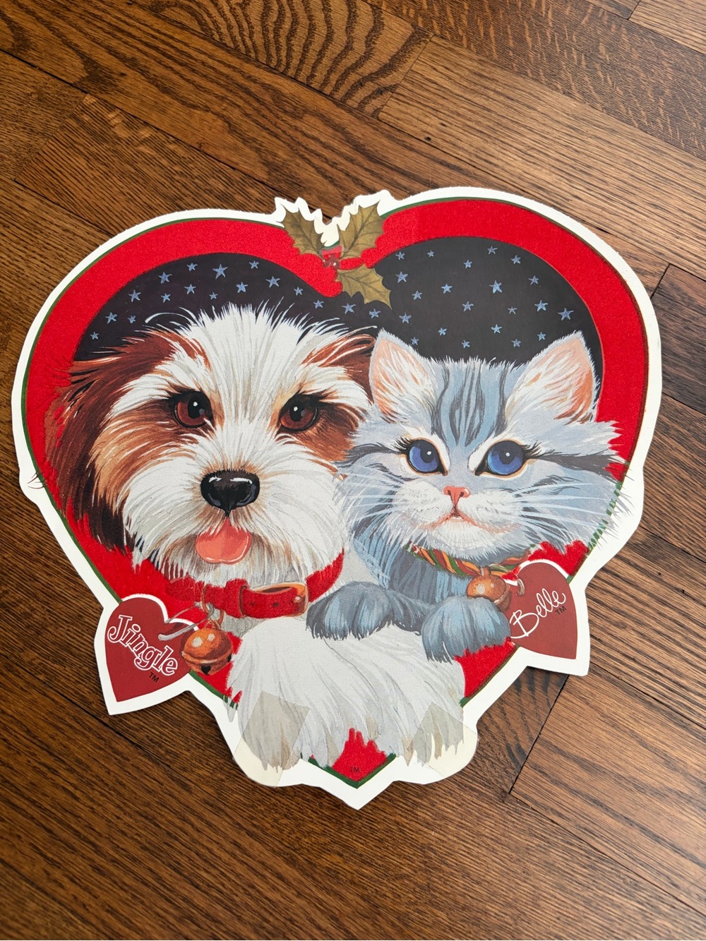 Vintage Jingle Belle Christmas Puppy Kitten Heart Die-Cut Wall Hanging